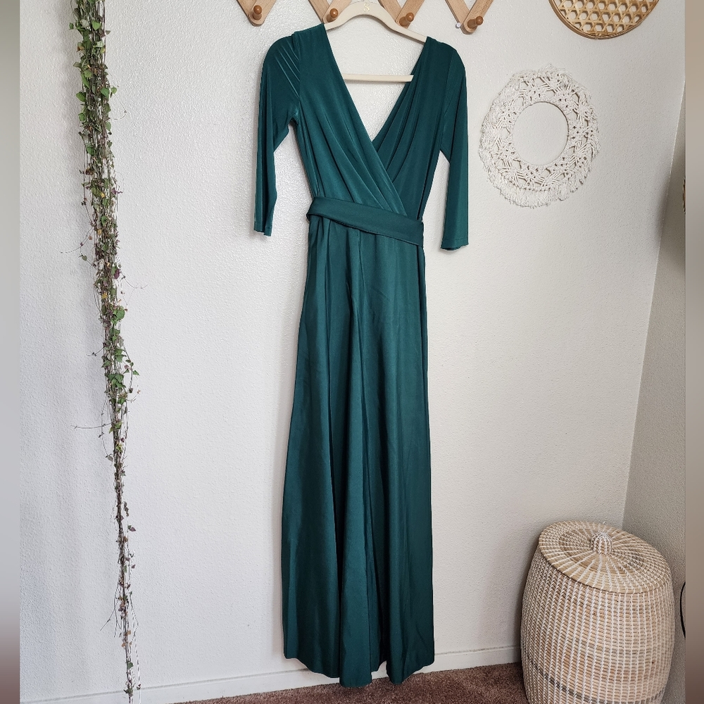 Alfred Sung Three-Quarter Sleeve Draped Full Skirt Dress In Hunter D736 2 NWT